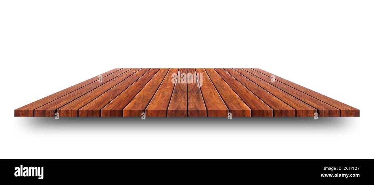 Tapa vacía de mesa de madera o mostrador aislado sobre fondo blanco. Para visualización o diseño de productos Foto de stock