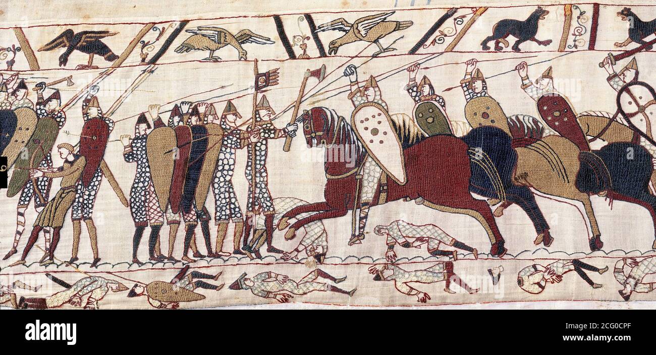 Bayeux Tapiz. Detalle que muestra a los caballeros normandos atacando el muro de escudo anglosajón. Foto de stock