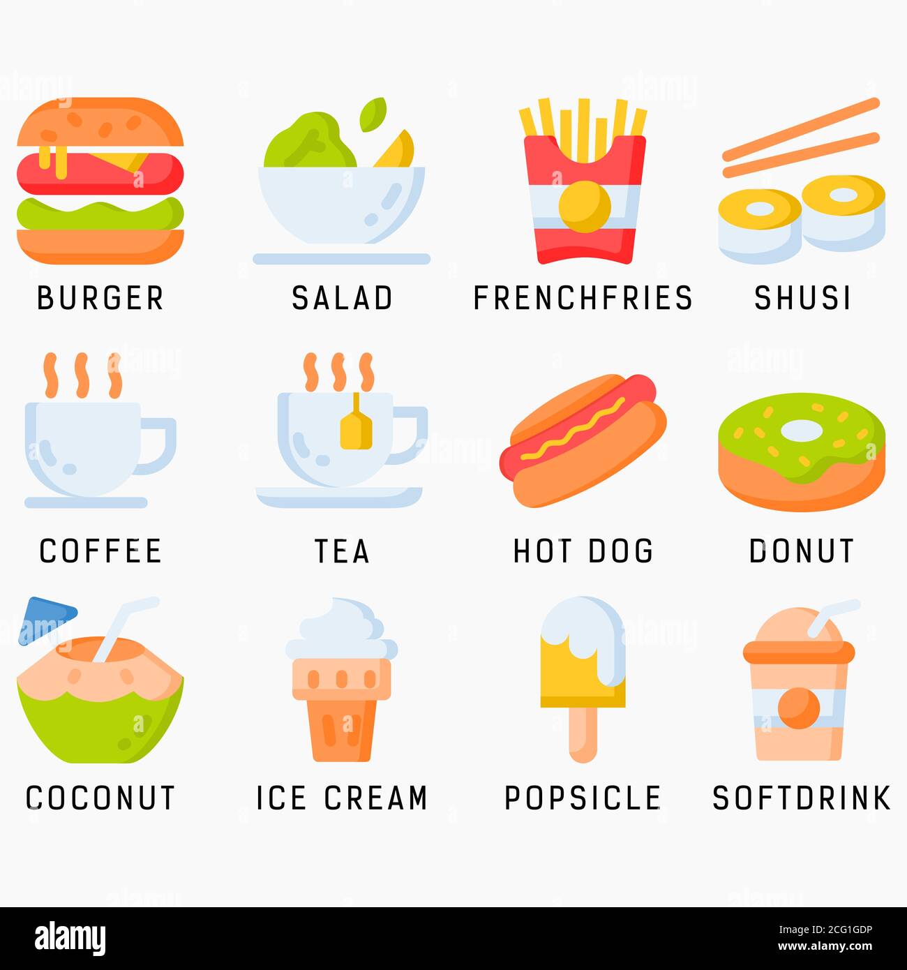 Conjunto de iconos de comida y bebida de color plano con fondo blanco aislado. Comida y bebida vector icono conjunto, hamburguesa, coco, ensalada, perrito caliente, shusi Ilustración del Vector