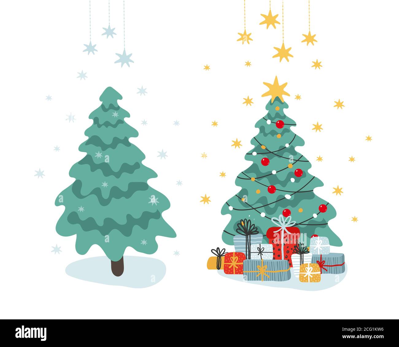 Clip-art para el diseño y año nuevo. Un conjunto de árboles de Navidad en el bosque y decorado con una estrella, guirnaldas y regalos. Ilustración de vector plano. Estilo de dibujos animados aislados sobre fondo blanco Ilustración del Vector