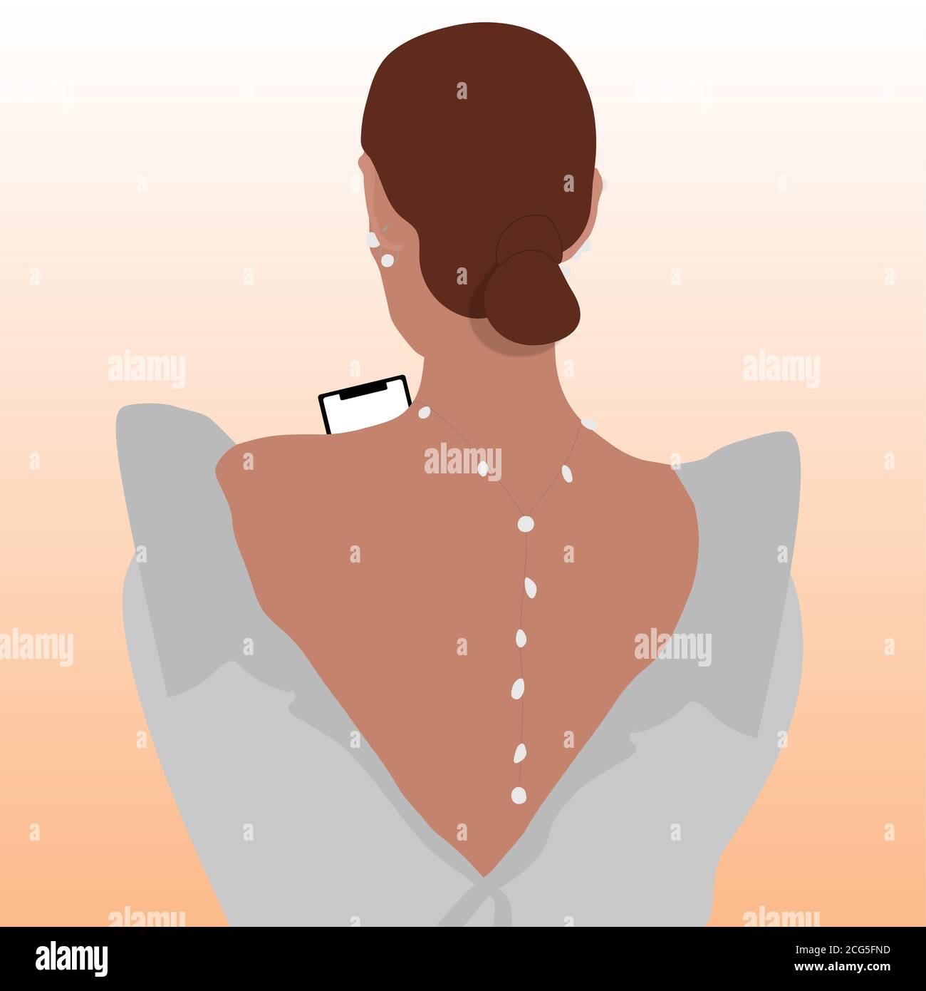 Chica morena con smartphone en un vestido blanco de pie con su espalda con una decoración de perlas alrededor de su cuello y orejas Imagen Vector de stock - Alamy Chica morena con smartphone en un vestido blanco de pie con su espalda con una decoración de perlas alrededor de su cuello y orejas Imagen Vector de stock - Alamy