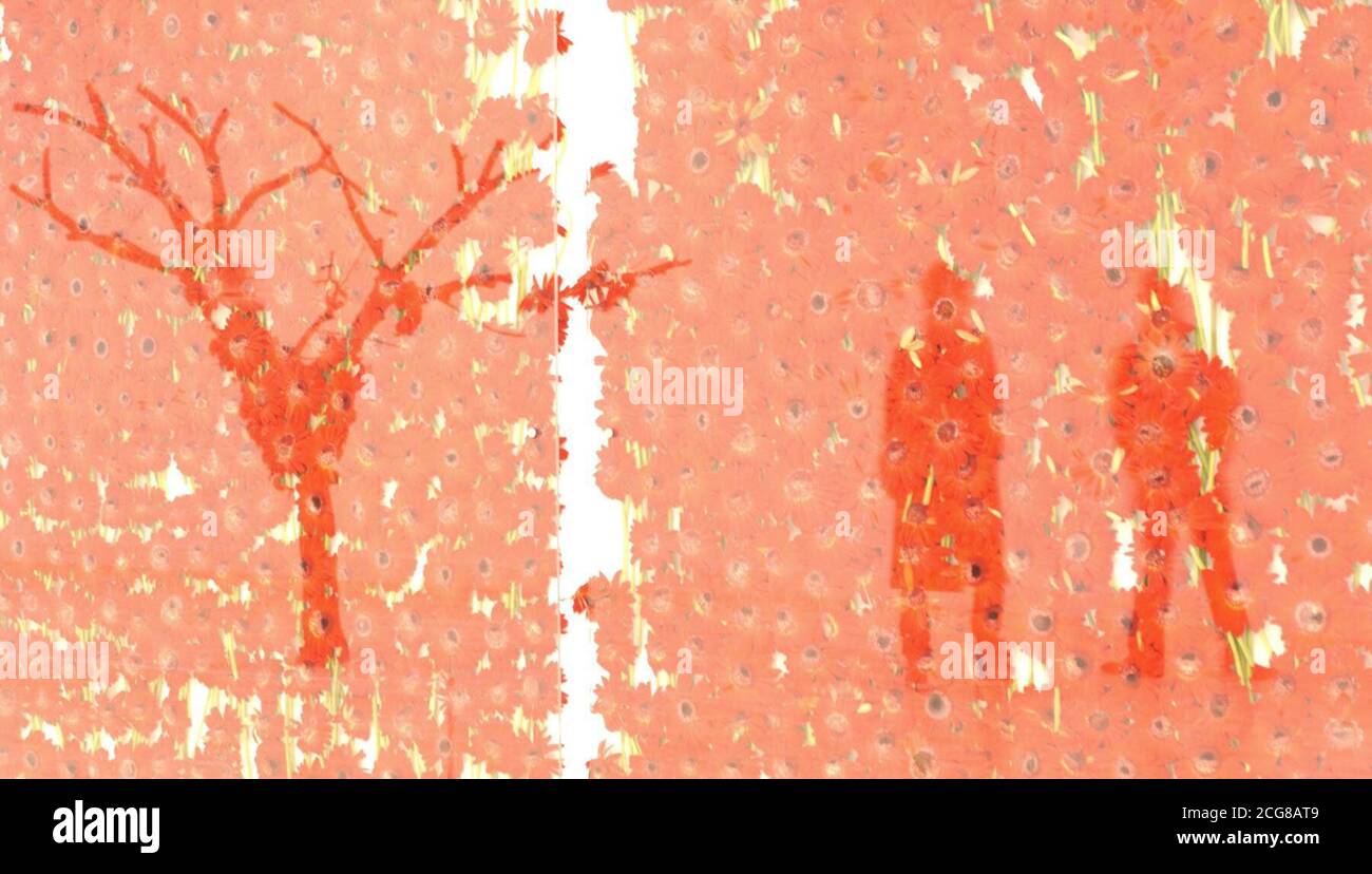Una pared de gerberas rojas detrás del vidrio titulado Preserve (Belleza 1991-2003) por Anya Gallicio, con el reflejo de un yeso de bronce de un manzano titulado 'porque no podía parar', y también el reflejo de los visitantes de la galería en el Tate Britain en Londres. Las obras forman parte del grupo de inscripciones de este año para el Premio turner. Foto de stock