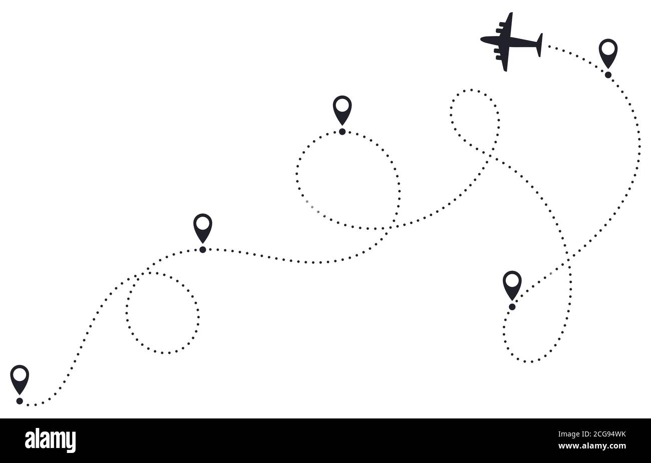 Línea de ruta del avión. Ruta punteada del plano, ruta de destino del avión, ruta de destino de viaje del avión, mapa de viaje del avión ilustración vectorial Ilustración del Vector