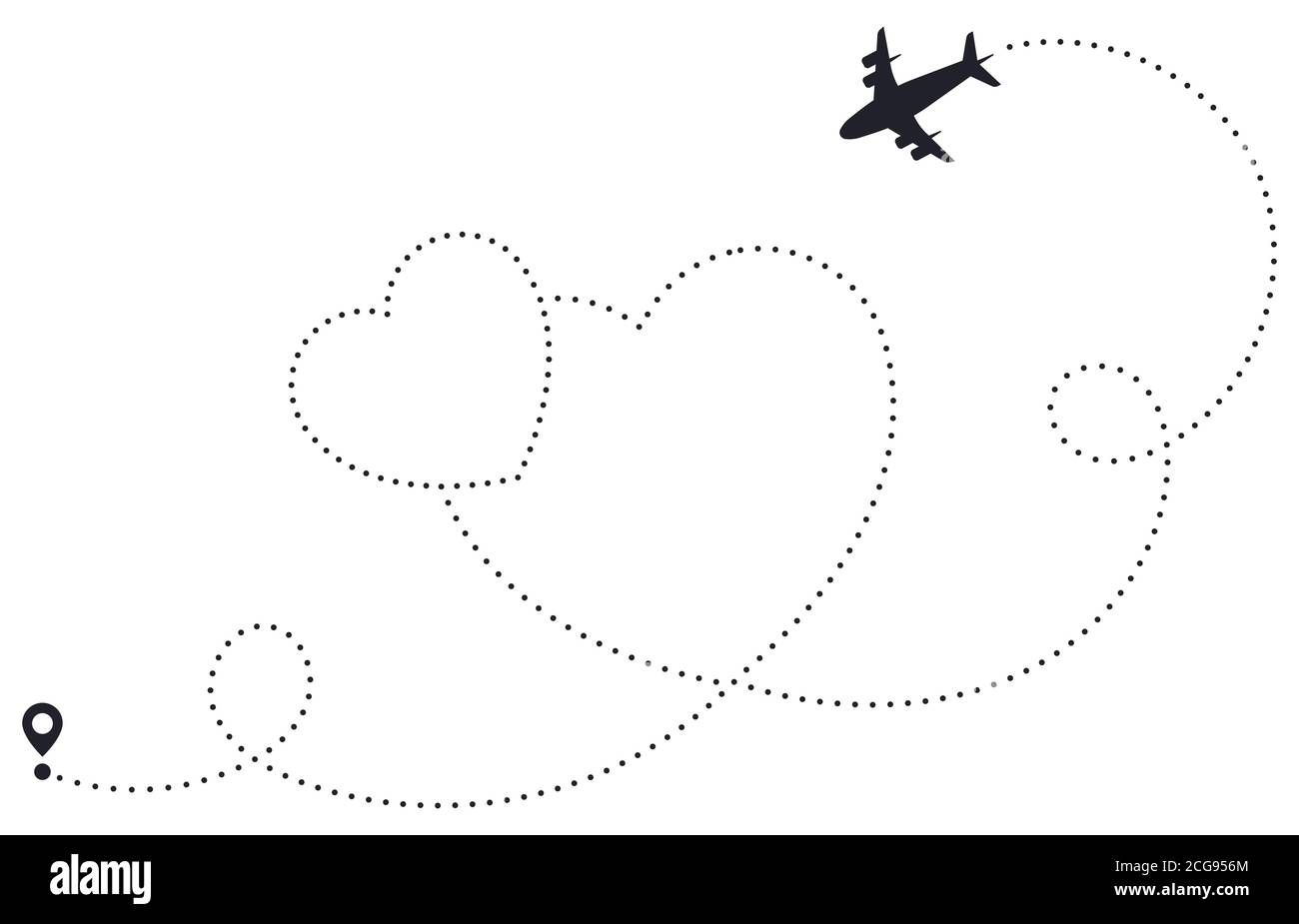 Me encanta la ruta del avión. Ruta con puntos en el corazón, mapa de destino de la aerolínea, línea de rutas de avión romántico, ruta de viaje de corazón ilustración vectorial Ilustración del Vector