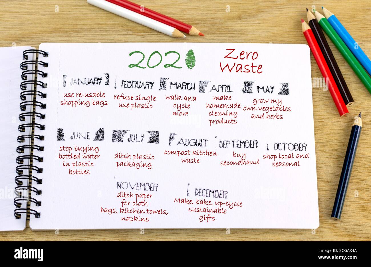 Zero Waste 2021 Heading con ideas respetuosas con el medio ambiente para cada mes calendario escrito en la revista. Concepto de aspiraciones ambientales de año nuevo. Foto de stock
