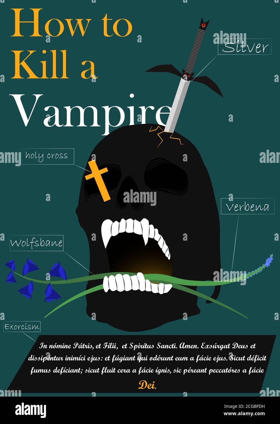 Manual cómo matar a un vampiro. Cráneo de un vampiro con verbena y wolfsbane en su boca y una