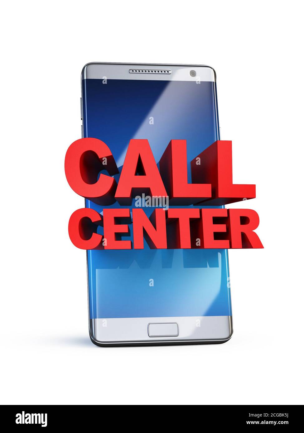 Concepto de centro de llamadas, letras en 3d en el smartphone, representación en 3d Foto de stock
