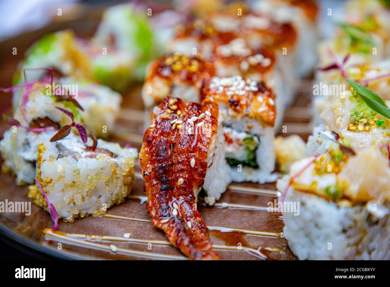 Diferentes rollos japoneses y sushi en un plato. Rollo con anguila. Foto de stock