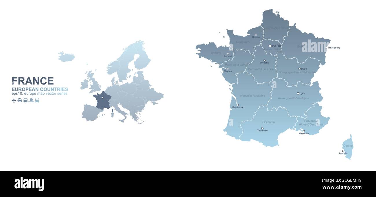 Mapa de Francia. Mapa de vectores de gradiente azul de los países europeos. Ilustración del Vector