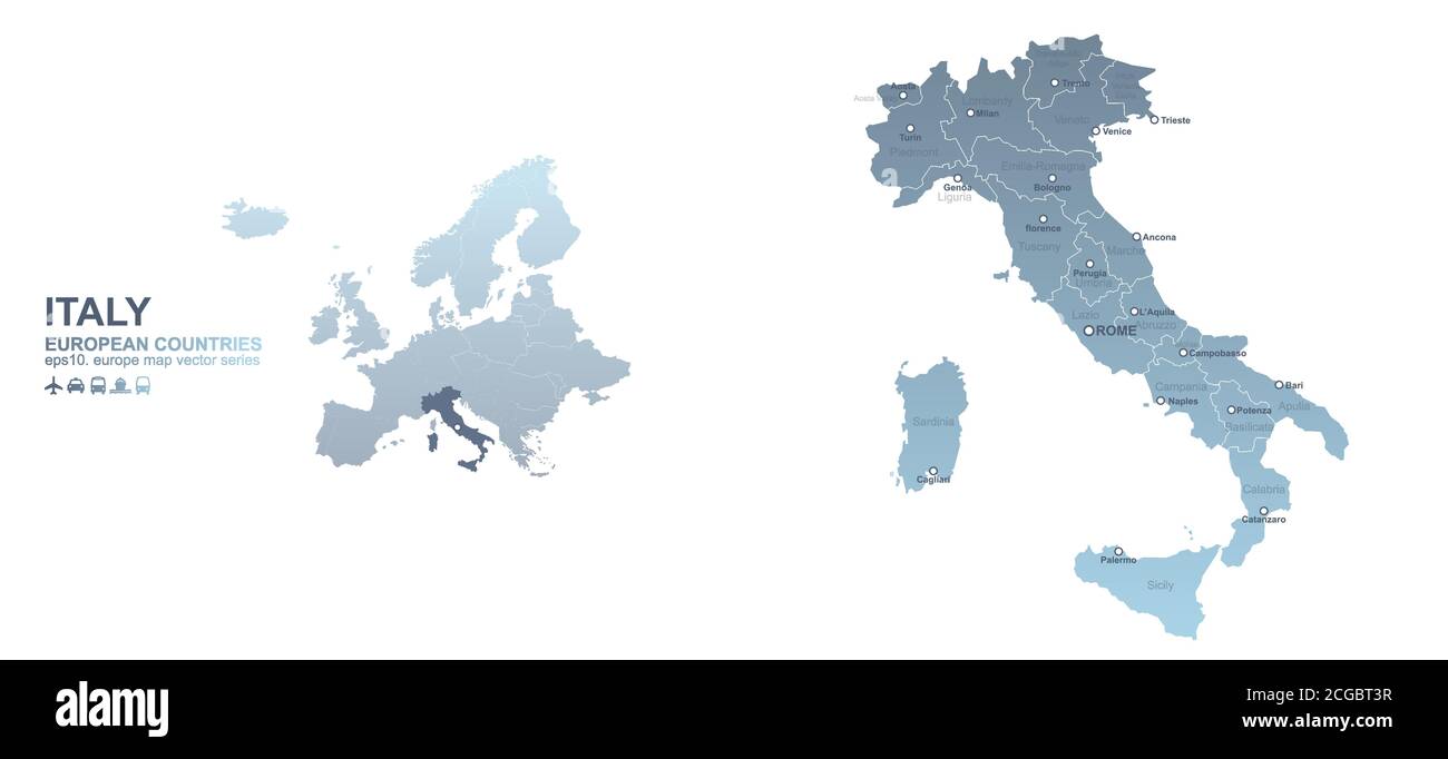 Mapa de Italia. Mapa de vectores de gradiente azul de los países europeos. Ilustración del Vector