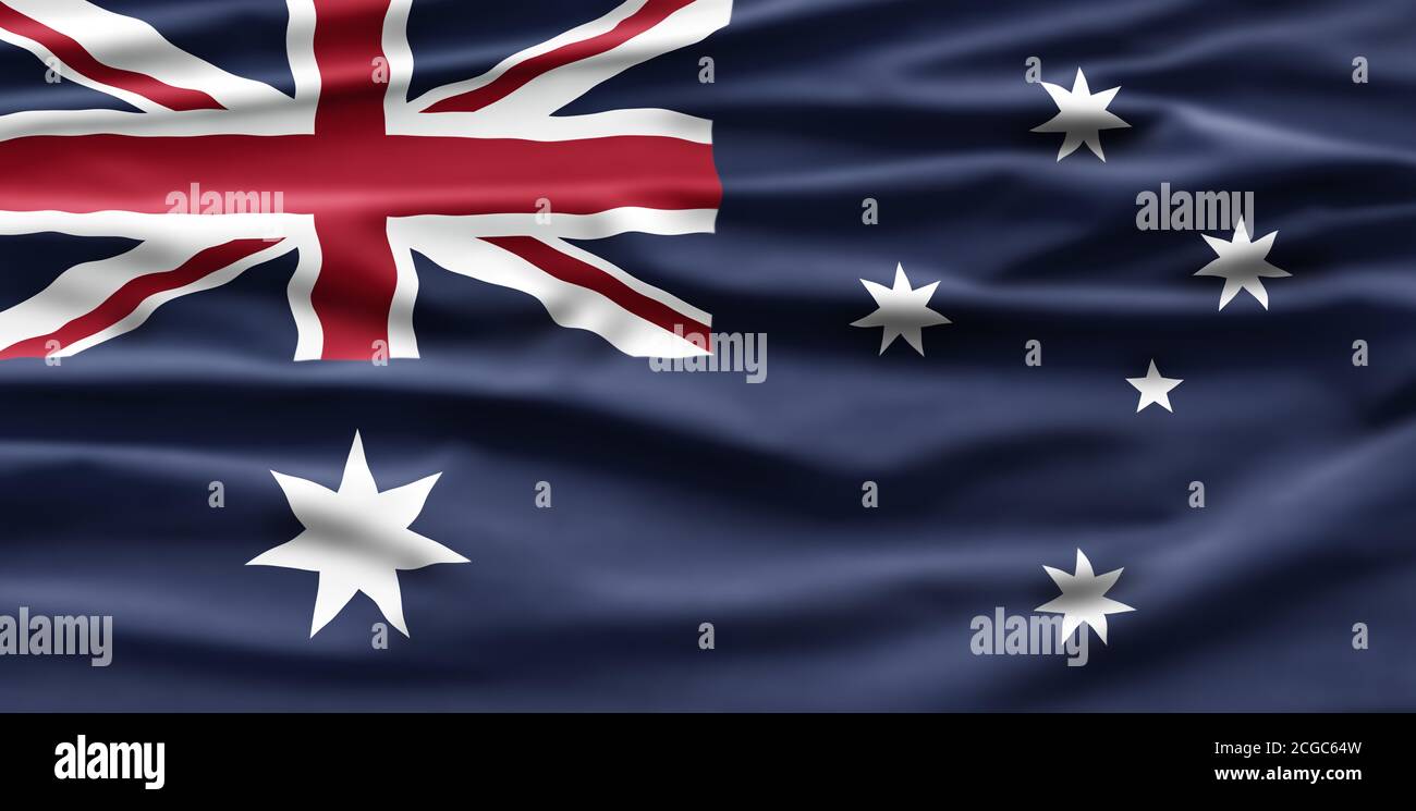 Día Nacional de Australia. Bandera australiana con rayas y colores nacionales. Ilustración de fondo. Foto de stock