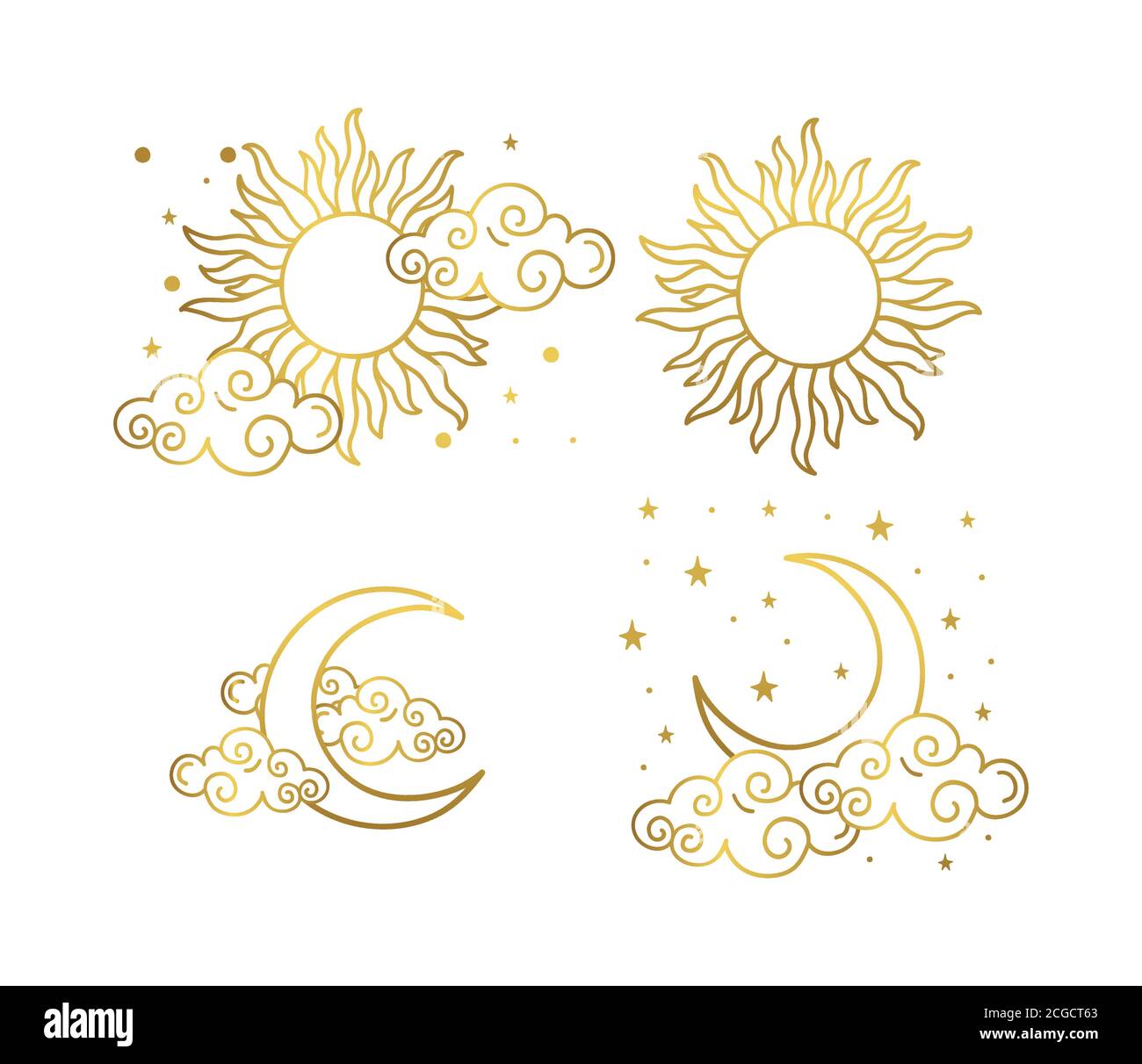 Místicos tatuajes de boho dorado con sol, media luna, estrellas y nubes. Diseño lineal, dibujo a mano. Conjunto de elementos para la astrología, el misticismo y la adivinación. Ilustración vectorial sobre fondo Místicos tatuajes de boho dorado con sol, media luna, estrellas y nubes. Diseño lineal, dibujo a mano. Conjunto de elementos para la astrología, el misticismo y la adivinación. Ilustración vectorial sobre fondo