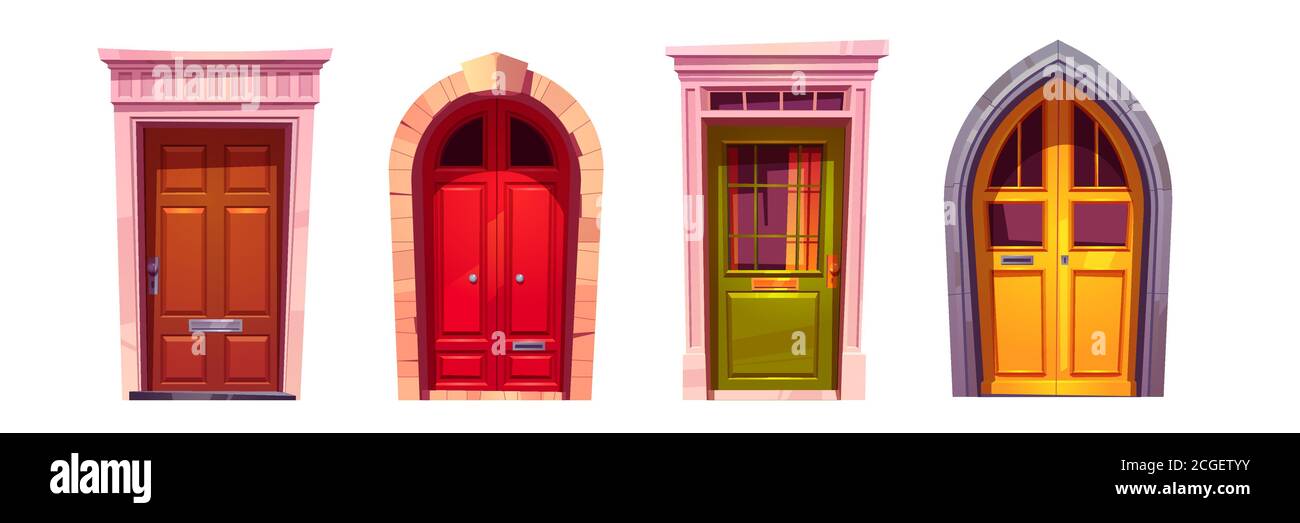Puertas delanteras de arco de madera con puerta de piedra aislada sobre  fondo blanco. Juego de dibujos animados vectoriales de la entrada de la  casa, puertas cerradas rojas, verdes y amarillas con