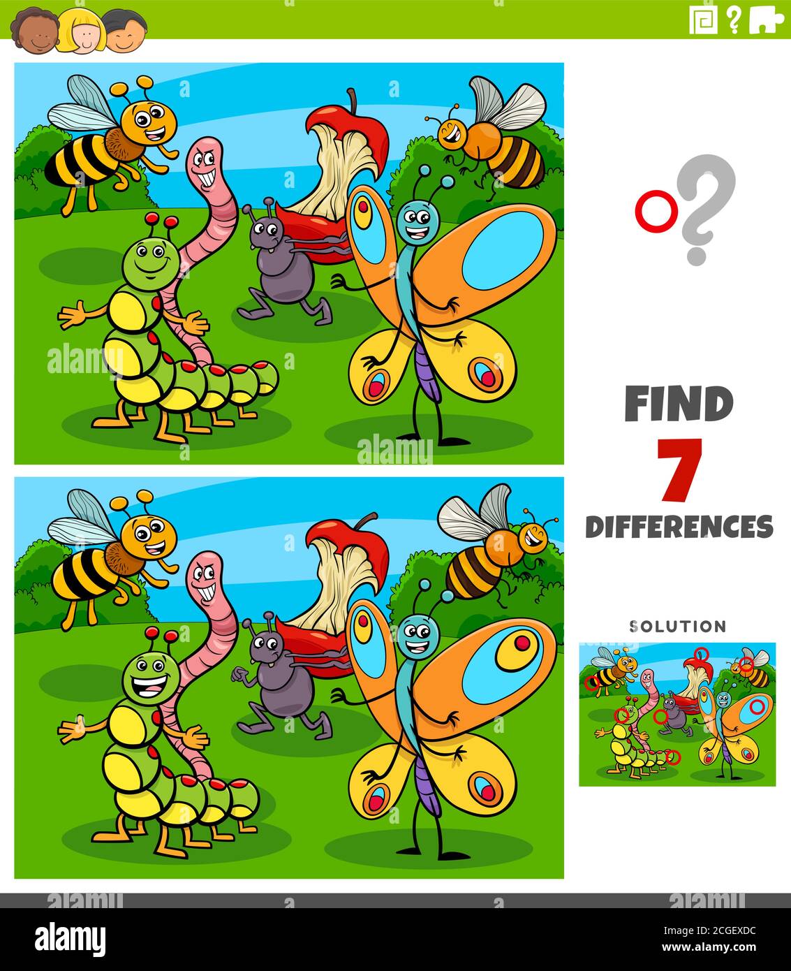 Ilustración de dibujos animados de encontrar diferencias entre los cuadros  Juego educativo para Niños con personajes de insectos cómicos Imagen Vector  de stock - Alamy