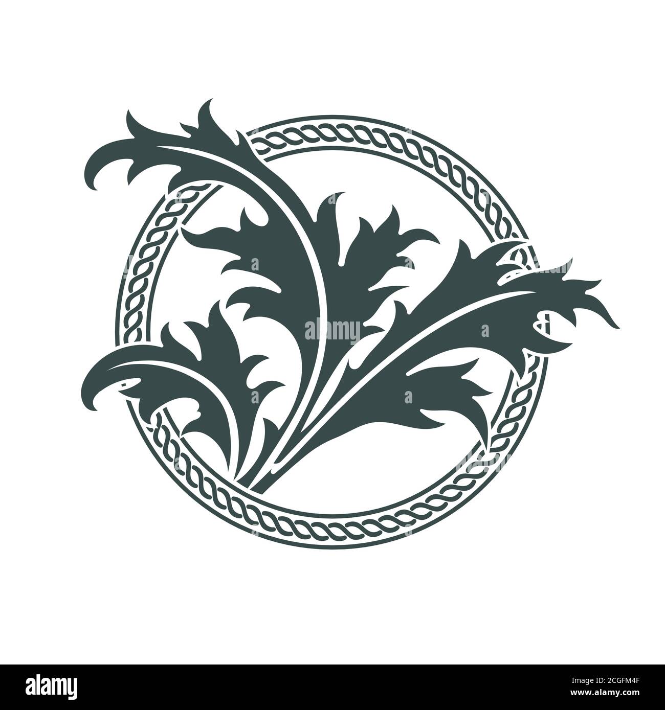 Diseño celta. Hojas de Thistle y patrón celta. Thistle escocés Ilustración del Vector