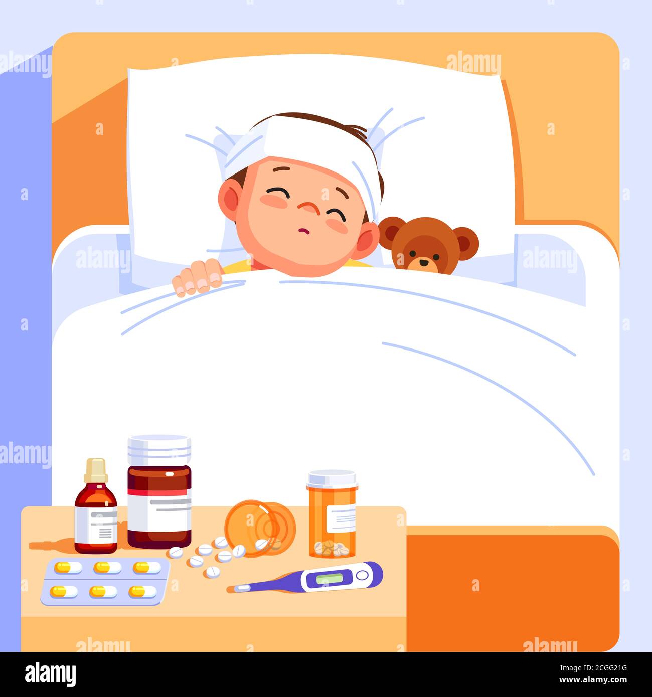 Un niño enfermo duerme en la cama con un oso de peluche y se siente tan mal  con fiebre. Ilustración vectorial de dibujos animados Imagen Vector de  stock - Alamy