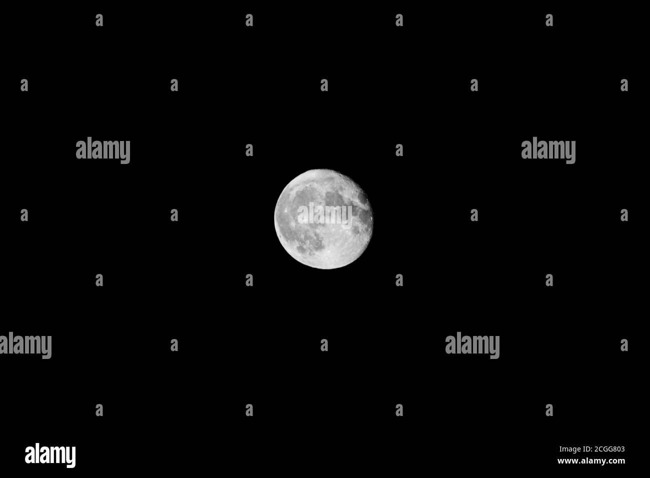 Primer plano de luna llena blanca brillante en el cielo nocturno oscuro. Cielo negro nocturno místico con luna grande, tranquilidad oscura. Escala de grises Perigee noche, lunar cierra Foto de stock