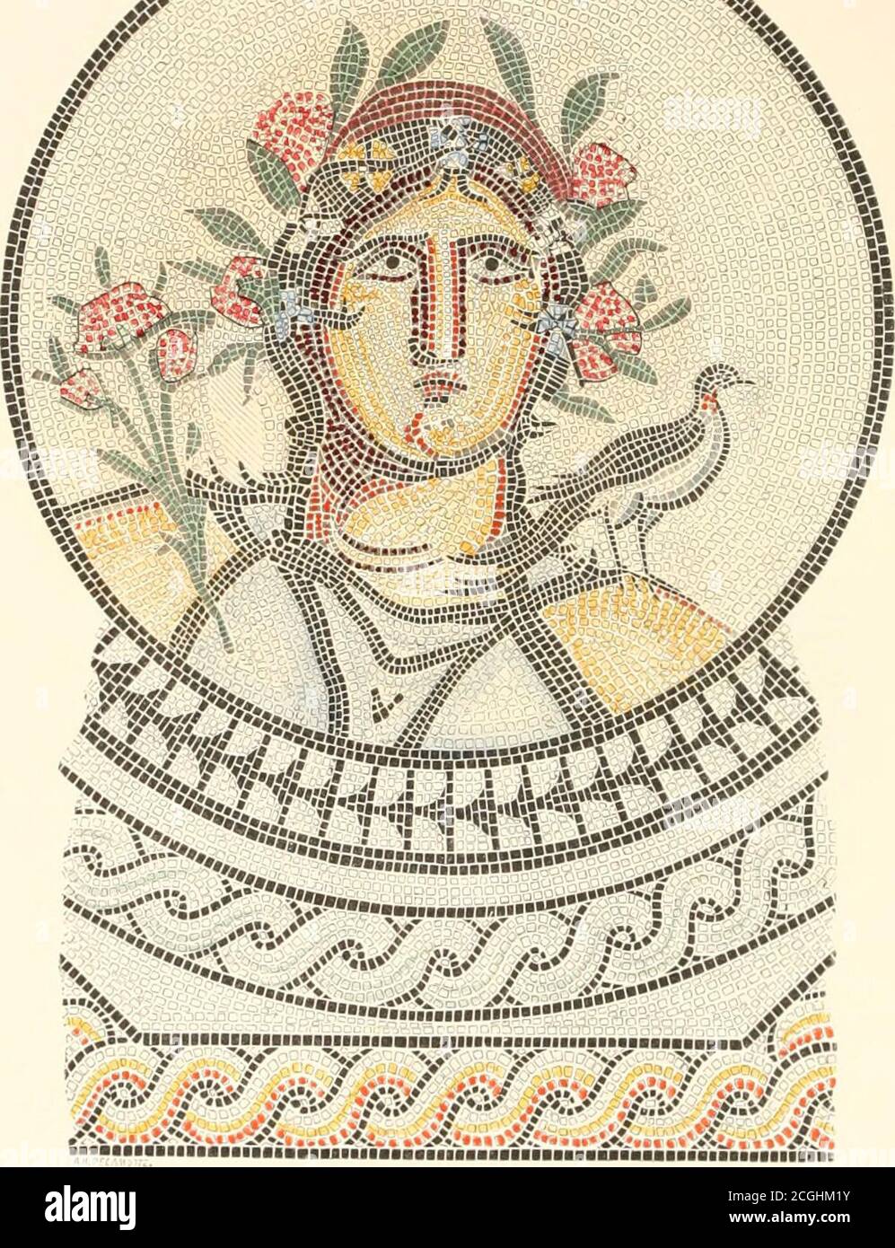 Ilustraciones de los restos de arte romano, en Cirencester, el sitio de la  Corinium antient . Placa V. POQO. FLORA, PAVIMENTOS TESELADOS OP COEINITJM.  43 A. Flora, Plate v. una cabeza