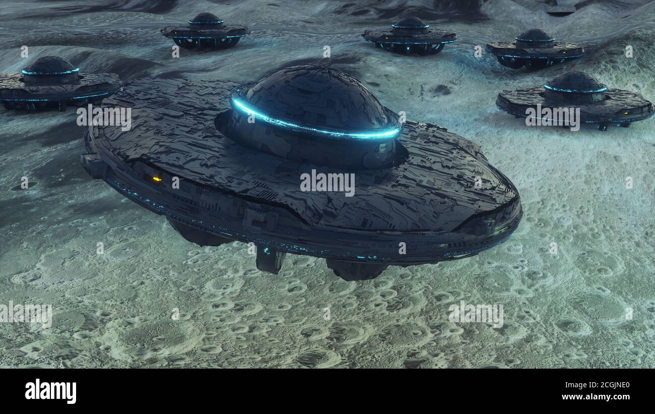 renderizar en 3d. Concepto OVNI de nave espacial Foto de stock