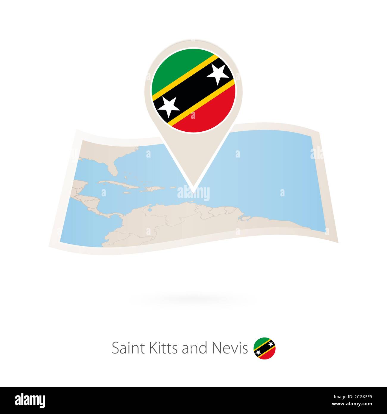 Mapa de papel doblado de Saint Kitts y Nevis con el alfiler de la