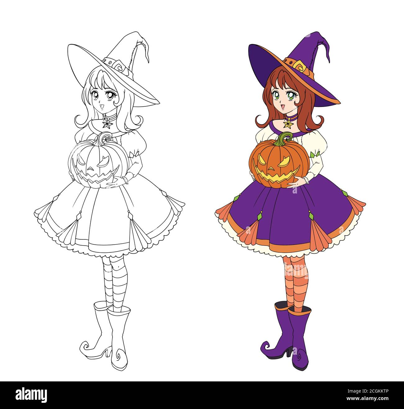 Hermosa bruja de dibujos animados sosteniendo calabaza de Halloween. Pelo  rojo, vestido púrpura y sombrero grande. Ilustración de vector dibujado a  mano para libro de colorear. Aislado en w Imagen Vector de