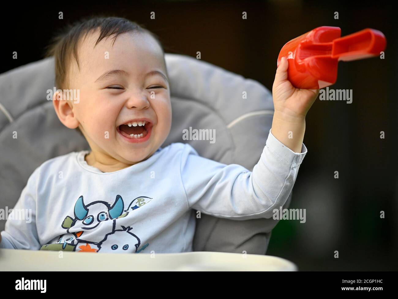 Niño, Niño, 14 meses, multiétnico, risas, Blaubeuren, Baden-Württemberg, Alemania Foto de stock