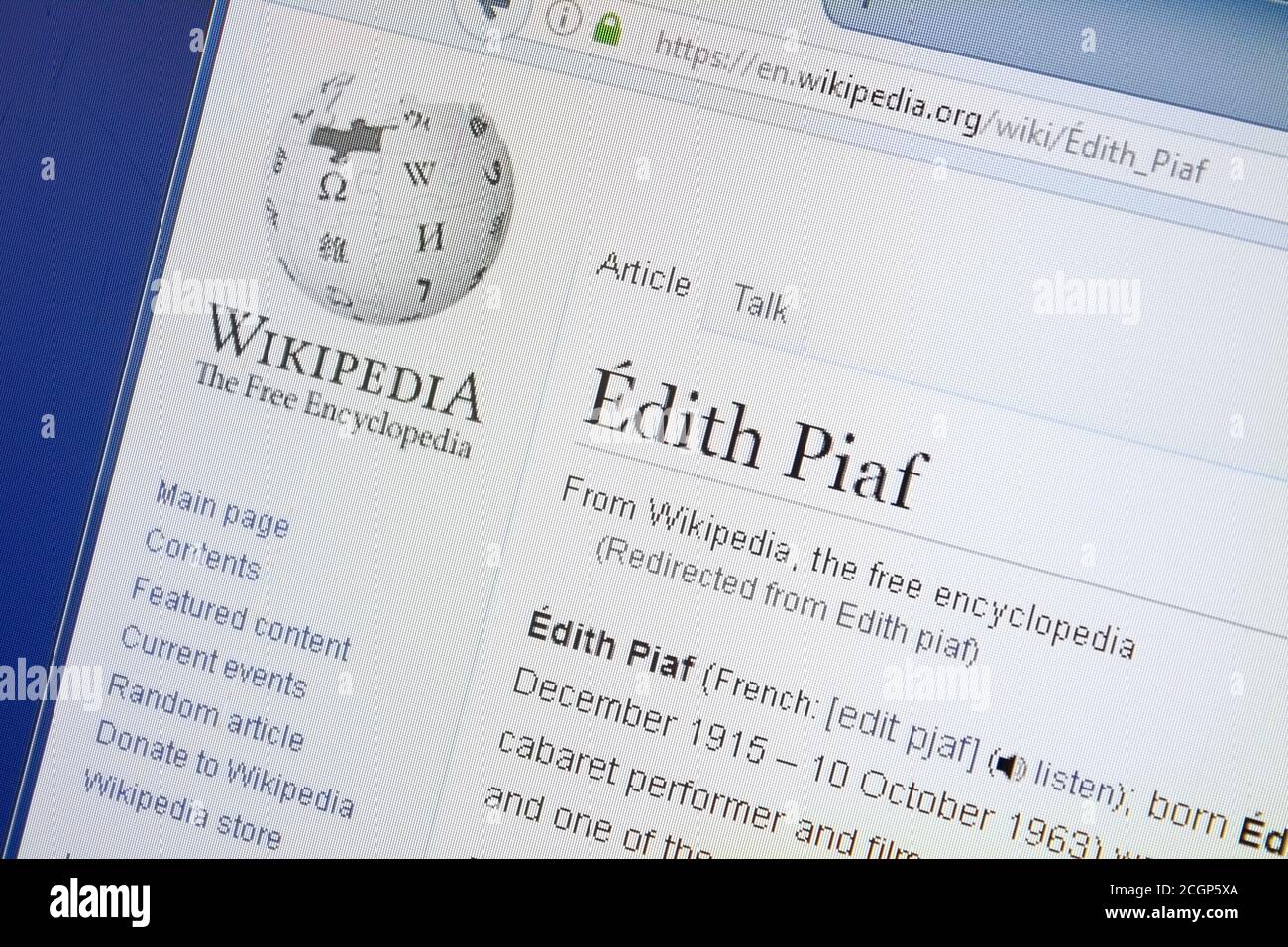 Ryazan, Rusia - 19 de agosto de 2018: Página de Wikipedia sobre Edith Piaf  en la pantalla de PC Fotografía de stock - Alamy