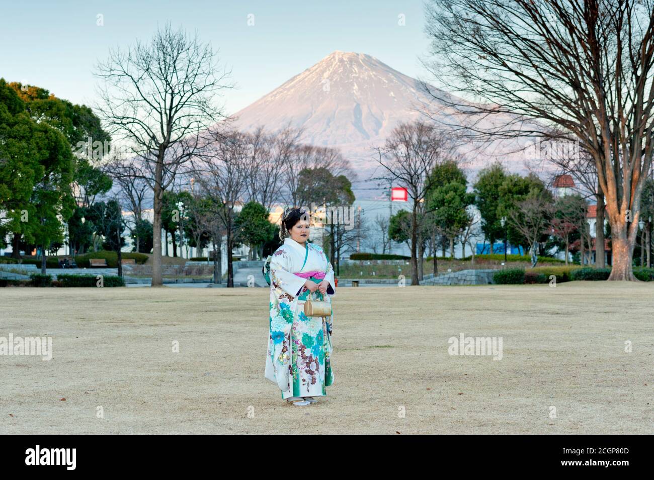 Hermoso adolescente japonés con kimono tradicional celebrando la llegada del día de la Edad en la ciudad de Fuji, Japón. Fondo Monte Fuji. Foto de stock