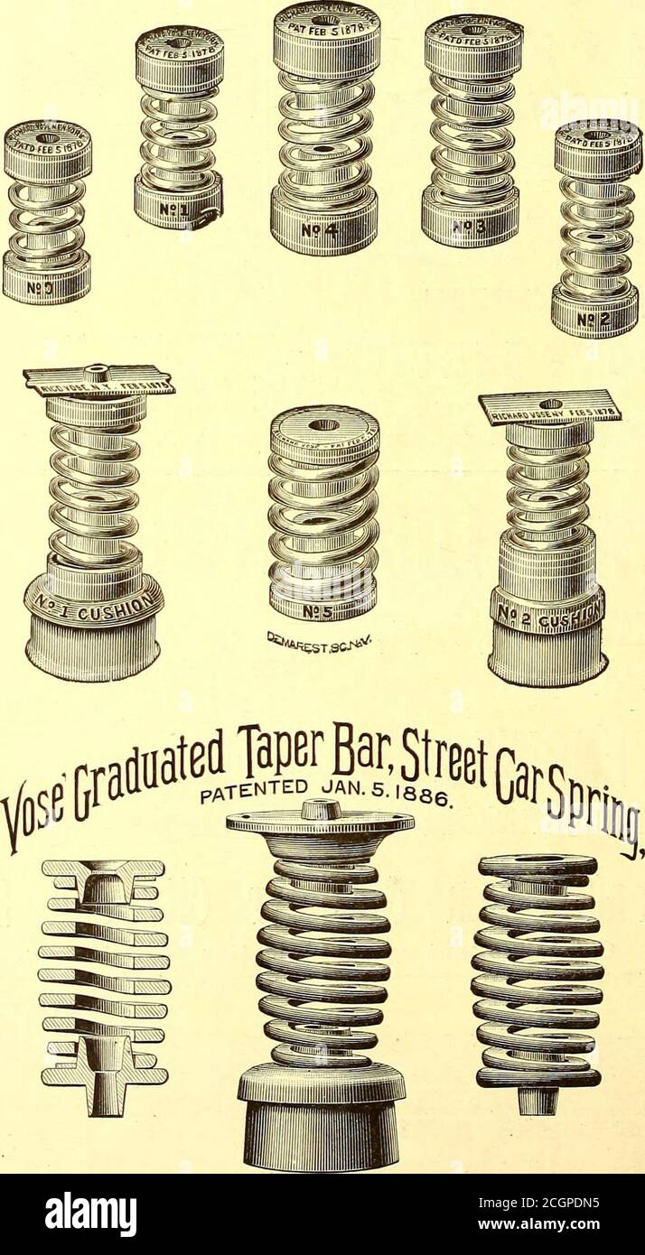 . El diario del ferrocarril de la calle . 13 Barclay Street, . £Tet*7 TTorls, TITULAR Y FABRICANTE de Graduated Street Car Springs, patentado, 15 de abril de 1879. ADAPTADO A LA STEPHENSON,BEMIS,RANDALL,HIGLEY,BRILL,JONES,BALTIMORE, VOLK,CHAPLIN, LACLEDEAND TODAS LAS DEMÁS CAJAS. Adaptado a alPedestals Posts Gears. No 0, para 10 pies Coches ligeros no 1, para 10 pies Coches.no. 2, para 12 pies Coches.no. 3, para 14 pies Coches.no. 4, para 16 pies Coches.no. 5, para 16 pies Coches. (Pedestal sencillo). No 1, Cojín, para coches de 16 pies. No 2, Cojín, para 12 y14 pies. Coches. Movimiento suave ylento. No tiene RapidVirations. Esta primavera es Foto de stock