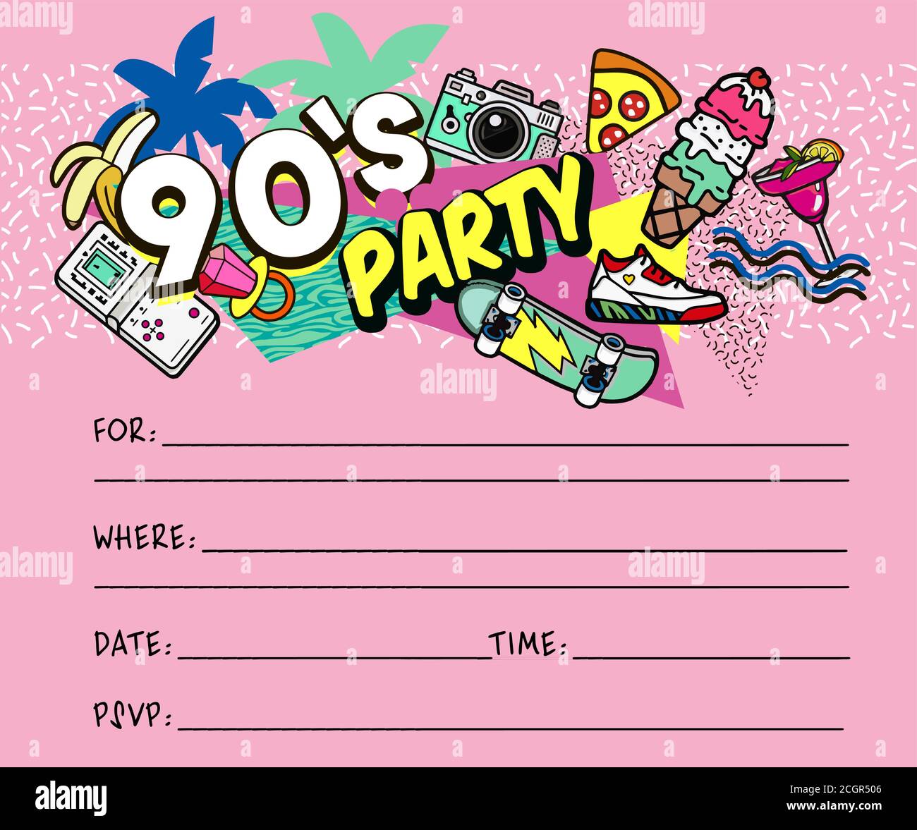 Retro 80s 90 Invitaciones de fiesta texturas de estilo retro y mezcla de  letras. Fondo de moda estética y gráfico de los años ochenta. Fiesta de  música pop y rock Imagen Vector