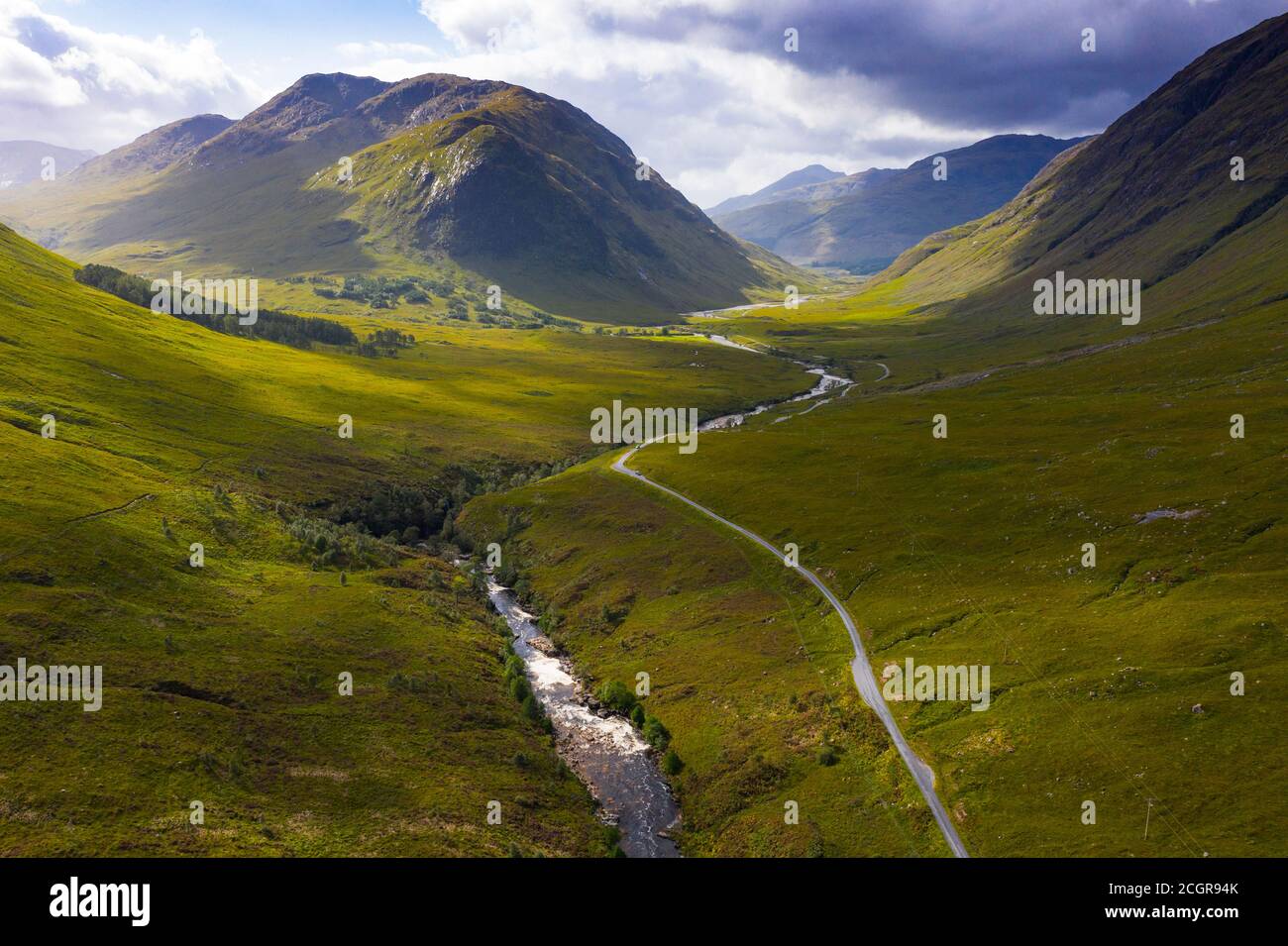 Vista aérea de Glen Etive, Highland Region, Escocia, Reino Unido Foto de stock