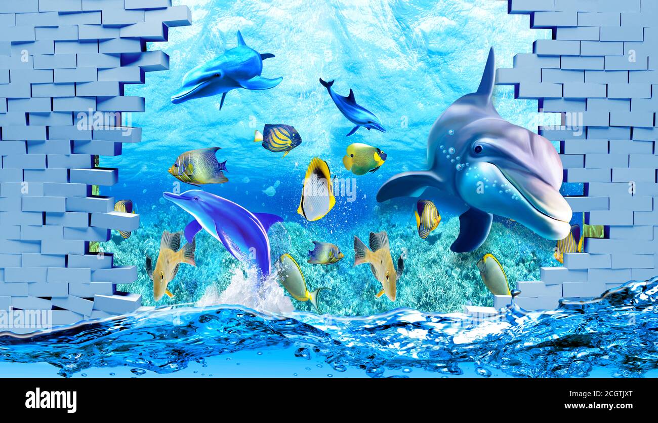 Imagen 3d fondo de pantalla bajo el mar delfín, pez, tortuga, coral  arrecife de arena agua con paredes rotas ladrillos fondo Fotografía de  stock - Alamy