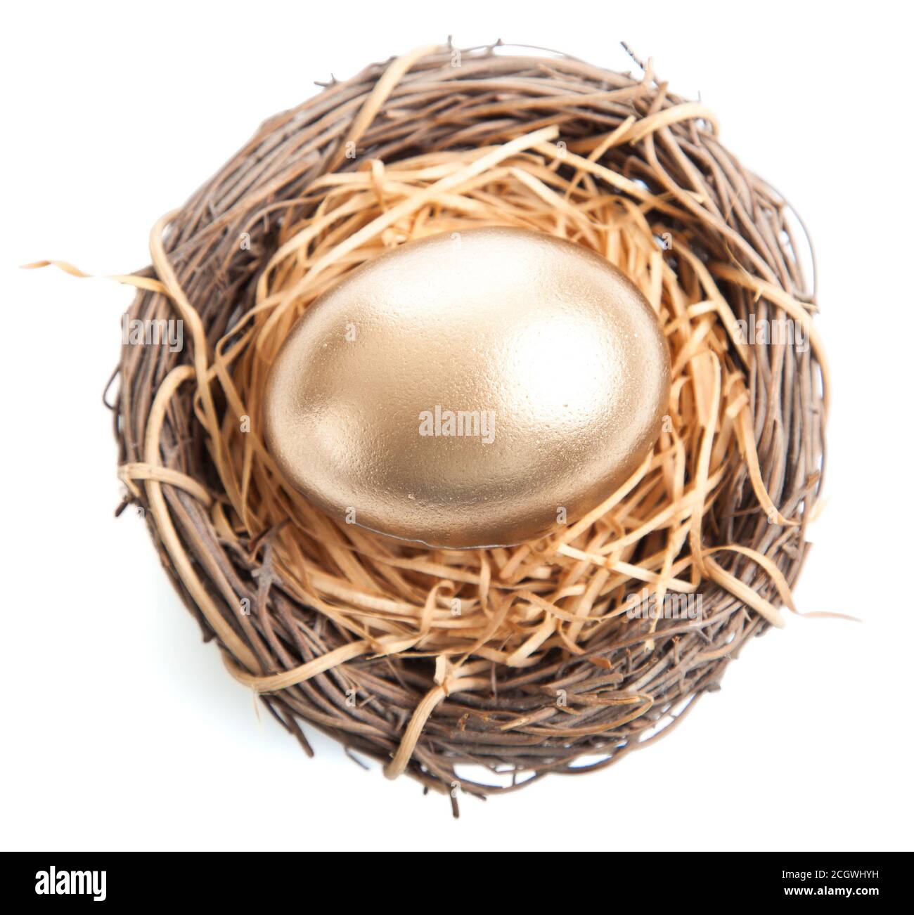 Un huevo de oro en nido sobre fondo blanco Foto de stock