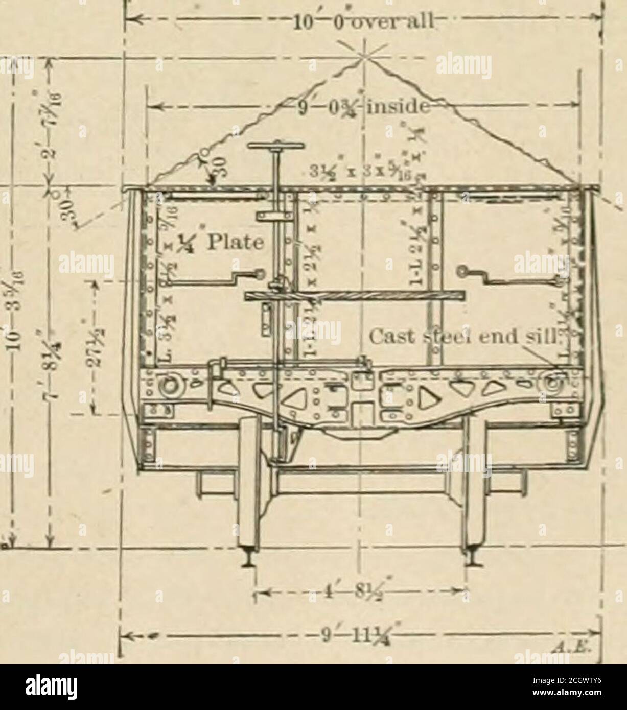 . Revista estadounidense de ingeniería y ferrocarril . V 4- -9 [ T P=520S lbs r«. A * 1 n s6 1 transmos y vigas de suelo. Bajo la estructura, la apertura está en el centro de los coches y hasan área de 32 pies cuadrados. En lugar de colocar un par de branquias en el centro del coche, ha utilizado una interesante estructura compuesta que es una salida decidida de los diseños anteriores. Los testamentos del centro son de 12 pulgadas. Canales de 20.5 lbs. Colocados a 4 pies de distancia en el centro del coche con sus extremos descansando en vigas transversefloor de 12 pulg. De sección I colocadas a 10 pies. 6 pulgadas de separación. Desde los haces del fondo de la planta los umbrales centrales ar# extendidos por otros 1 Foto de stock