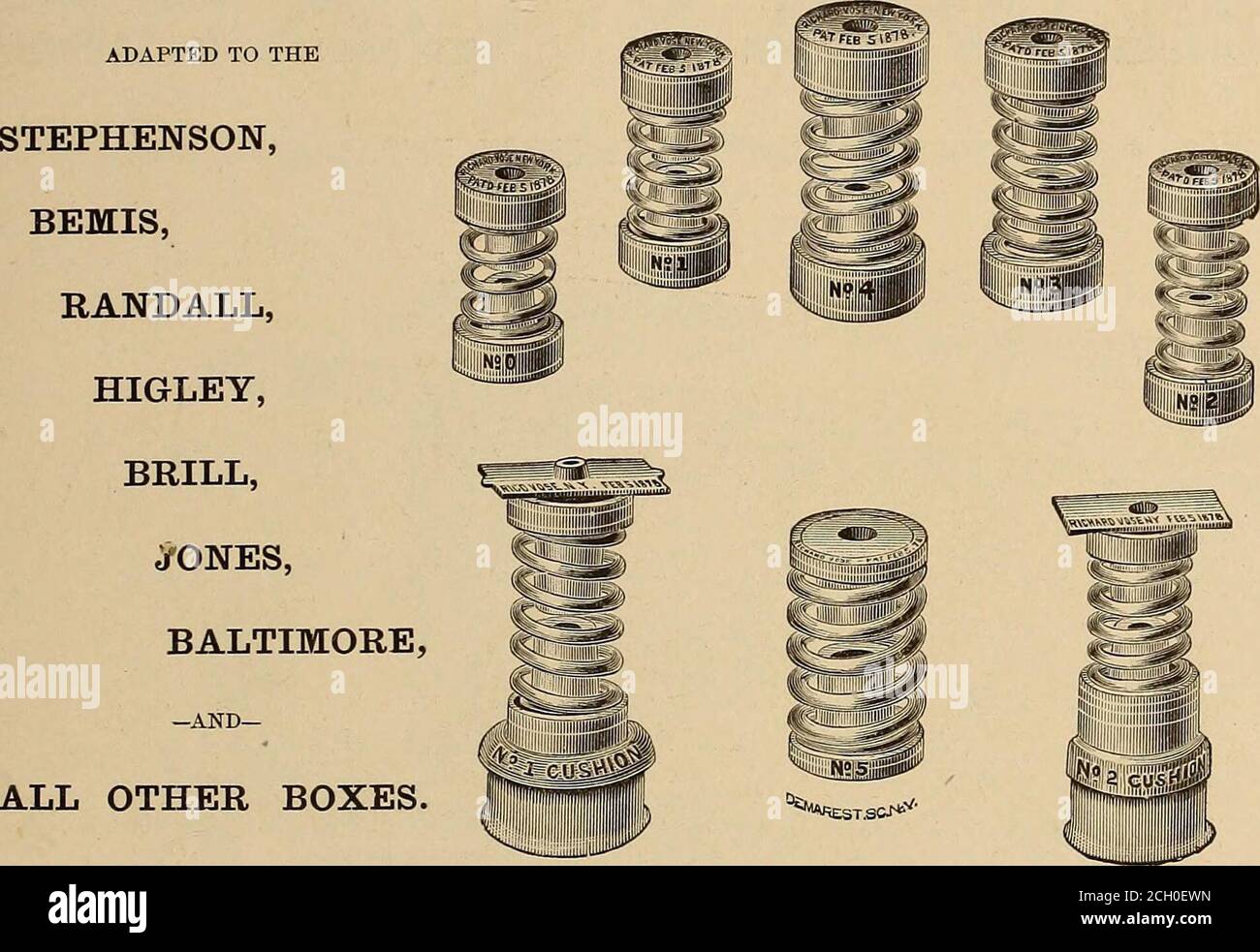 . El diario del ferrocarril de la calle . 13 Barclay Street, , 2>TeTX7-- TorHs:, TITULAR Y FABRICANTE de Graduated Street Car Springs patentado, 15 de abril de 1879. ADAPTADO A LA. TODAS LAS DEMÁS CAJAS. No 0, para 10 pies Coches ligeros no 1, para 10 pies No. De Oars 2, para 12 pies Coches.no. 3, para 14 pies Coches.no. 4, para 16 pies Coches.no. 5, para 16 pies Coches. (Pedestal sencillo). No, 1, Cojín, para coches de 16 pies. No 2, Cojín, para 12 y14 pies. Coches. Foto de stock
