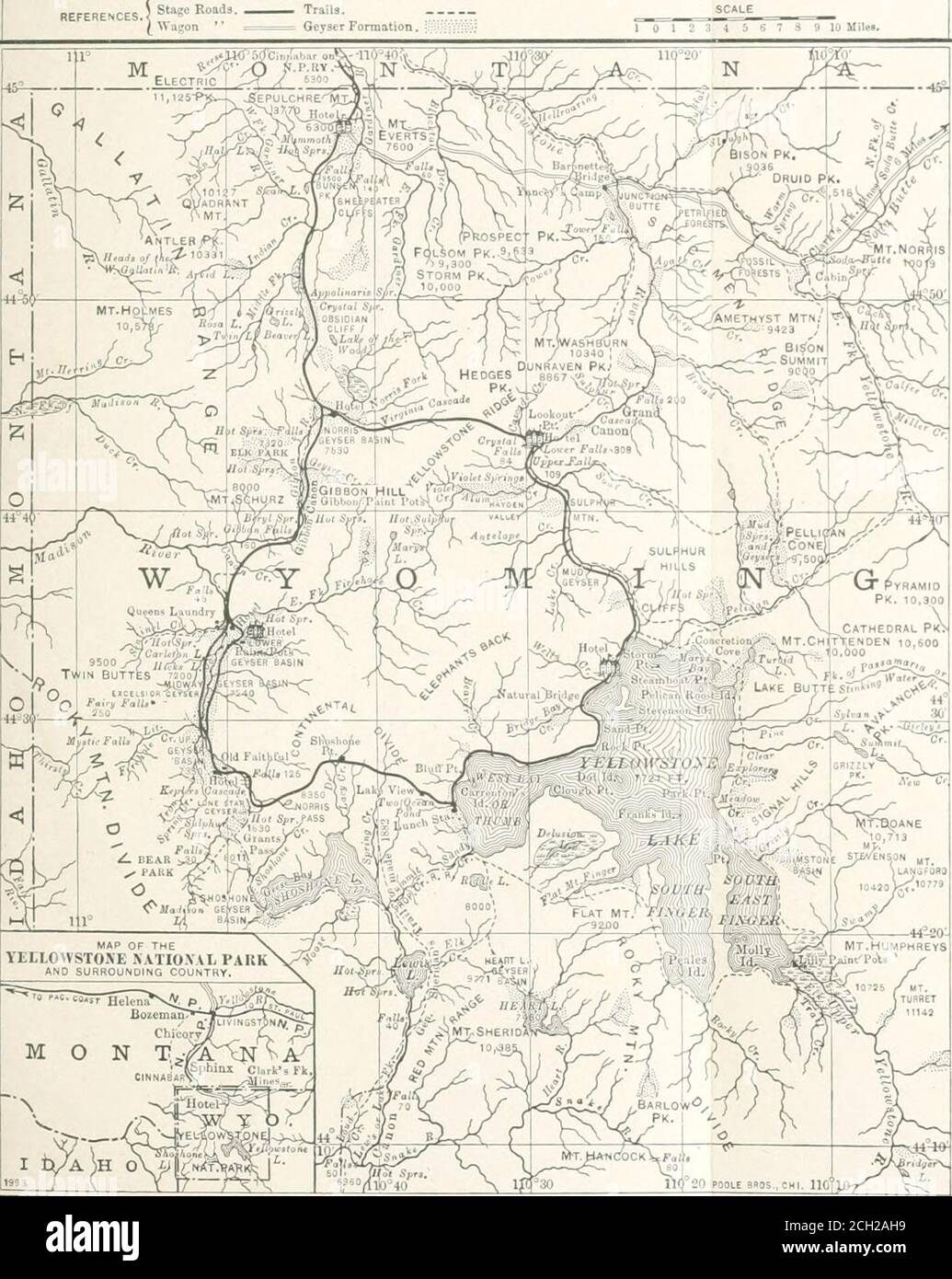 . Recorrido por el continente: Colorado, California y Parque Nacional Yellowstone: Tren especial, realizado personalmente a través de Nueva York Central y Hudson River R.R. y líneas de conexión. $1.50 Utica 2.80 Syracuse 3.85 Rochester.Buflfalo. 5.456.50 por un pequeño costo extra las camas pueden ser aseguradas a mano-algunas salas de dibujo privadas o salas estatales en el PalaceCars. Una diferencia de seis dólares se hará entre los muelles inferior y superior, un muelle inferior que cuesta tres Dollarsmore que la tarifa anterior, y un muelle superior de tres Dollarssless. Donde dos viajan juntos es mejor tomar aSection (Upper y lowe Foto de stock