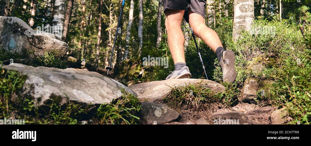 Piernas masculinas con zapatos deportivos de senderismo. piernas