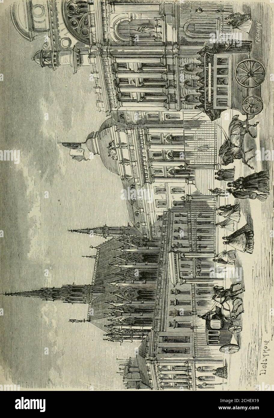 . Les merveilles du nouveau Paris--. Un incendie dévora presque tout lédifice. Il fut re-construit sur les plans de plusieurs architectes, notamment :Moreau, Desmaisons, Couture et Antoine. La Principalecour est fermée par une grid qui passe pour un chef-dœuvre de serrurerie. La fachada donnant sur la cour du Mai est lœuvre de Des -maisons : elle est ornée de quatre belles colonnes doriqueset surmontée dun dôme quadrangulaire; on y arrive parun perron de trente-sept marchas. Deux arcades latéralescommuniquent, lune avec la Conciergerie, lautre avec letride simple policía. CES constructi Foto de stock