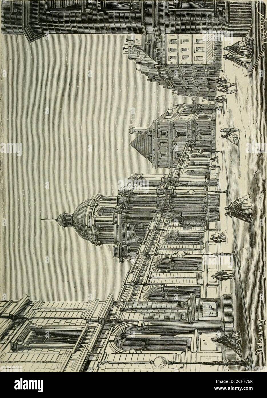 . Les merveilles du nouveau Paris-- . -Real. Louis XIV le donna plustard au duc dOrléans, son frère, et depuis cette époque il aété lapanage des Princes du sang. Un incendie détruisit lafaçade en 1763; Louis-Philippe dOrléans, petit-fils durégent, chargea Moreau de le reconstrucuire entièrement. Ilfit aussi élever autour du jardrn ces magnifiques galeries oùlindustrie parisienne étale ses plus belles productions dor-fèvrerie et de bijouterie. Les vieux marronniers de Richelieutombaient pour faire place à ces constructions. La fachada sur le jardin devait être édifiée sur un plan gran-dios Foto de stock