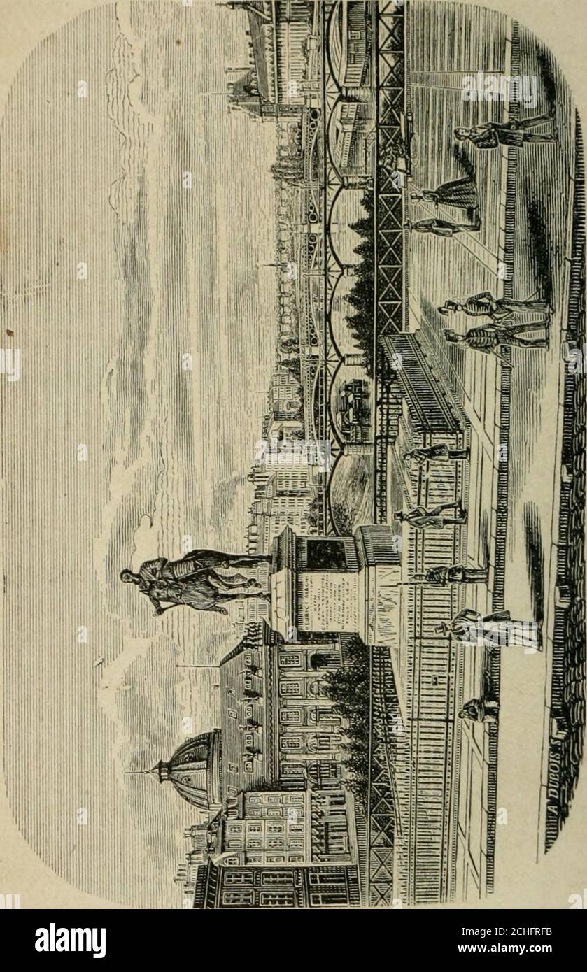 . Les merveilles du nouveau Paris-- . né à langlaise et planté darbrisseaux toujours vertsqui lui donnent un air de fraîcheur ; lorsque lEmpereurne sy prompène pas, il est ouvert au public. Le jardin pu-blic se componga dune grande allée bordée darbres dechaque côté, avec une pièce deau à chaque extrémité : ilest principalement fréquenté par de vieux rentiers, desbonnes denfants, des demoiselles sur le retour en quête demaris, etc. le jardin suier copias en essuivants le Laocoon, la Diane, lApollon du Bel-védère, lAntinous, la Vénus de Médicis; un Hercule et Foto de stock