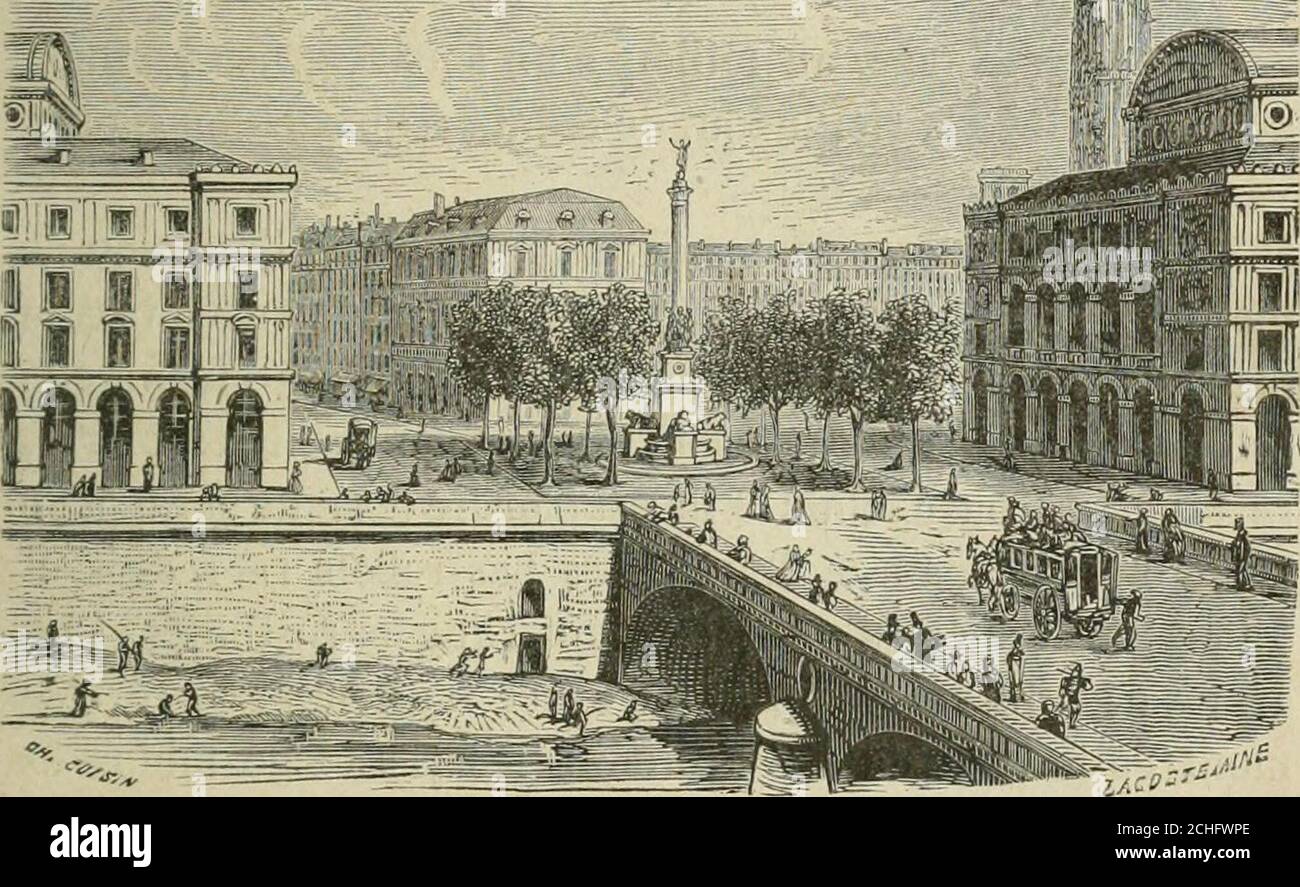 . Les merveilles du nouveau Paris-- . Fontaine du Palmier, Place du CMtelet. Et arrachant aussitôt une branche au tilleul qui lombra-geait, il en distribución les feuilles aux jeunes gens qui len-touraient; mais on ne tarda pas à les remplacer par descocardes tricolores. Nous mentionnerons encore la Place de la Bourse, cellesdu Louvre, du Châtelet. Cette dernière est située près de lawire à lentrée du boulevard de Sébastopol. Elle est remar- 88 PLACE VENDOME. Quable par la colonne du Palmier, appelée aussi Fontainedu Ghâtelet. Son nom lui vient de CE que le fût est sculptéen tige de palmier. Encendido Foto de stock