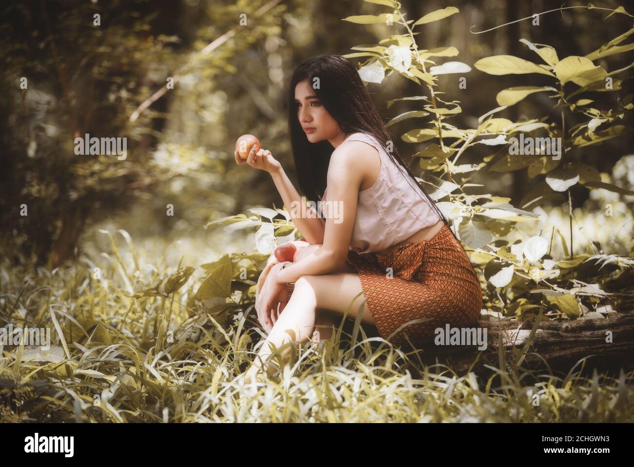 Retrato de una hermosa mujer tailandesa sosteniendo una manzana sentada en el bosque. Foto de stock