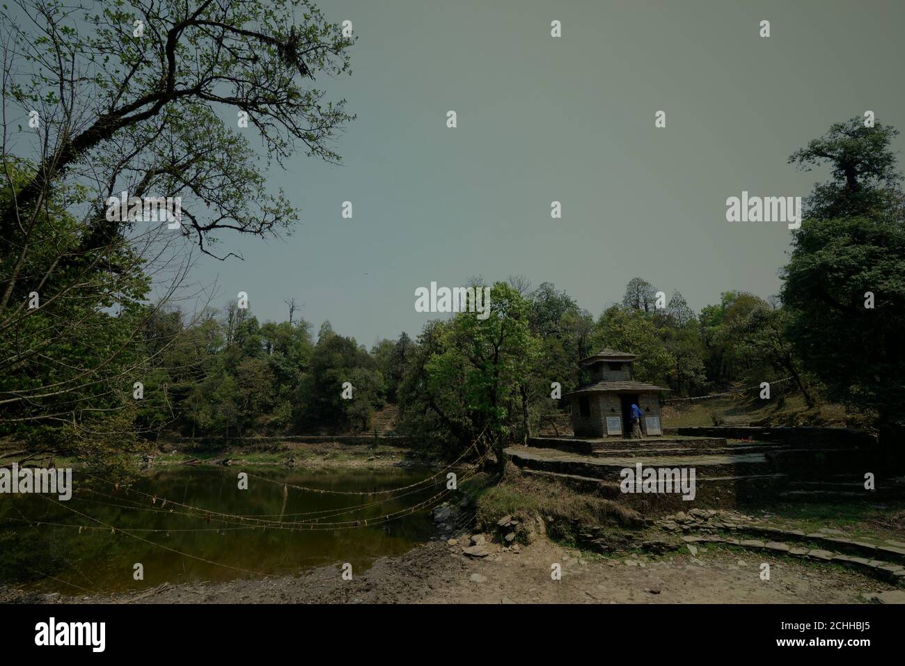 El estanque seco de Panchase y Shrawan Kumar santuario en la cima de la montaña Panchase en la provincia de Gandaki Pradesh, Nepal. Foto de stock