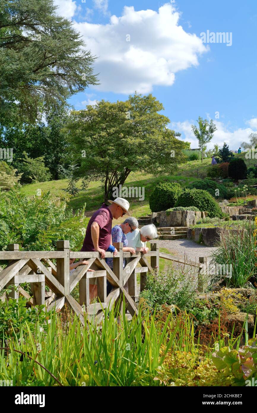 Los Jardines de la Royal Horticultural Society en Wisley en un día de verano, con los visitantes admirando los exuberantes jardines, Surrey Inglaterra Reino Unido Foto de stock