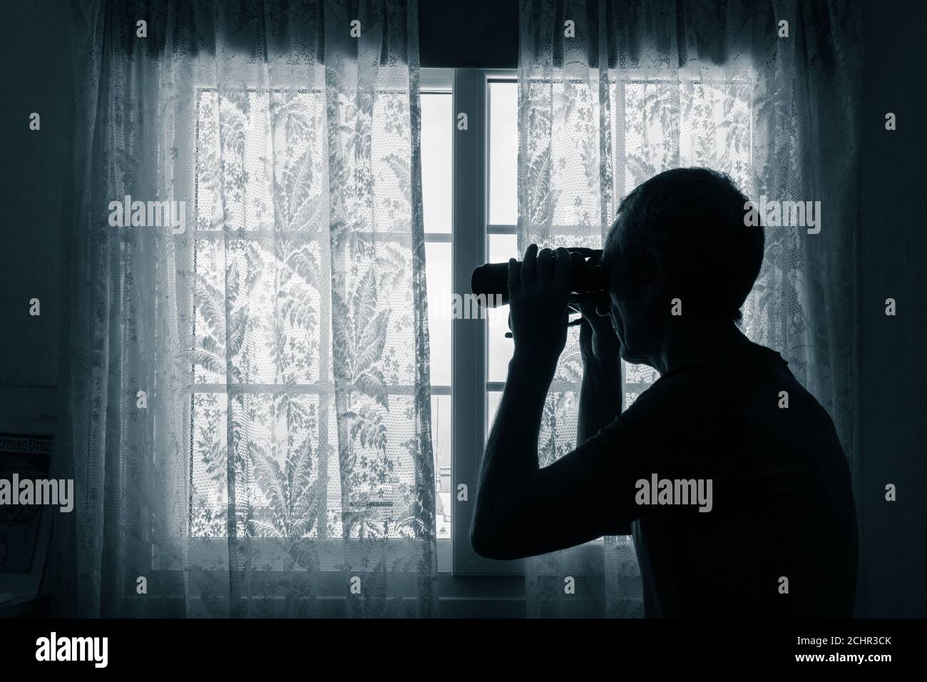 Hombre con prismáticos mirando por la ventana desde detrás de la cortina de red: Vecino osey, espía, policía encubierta, pervertido, acosador... concepto Foto de stock
