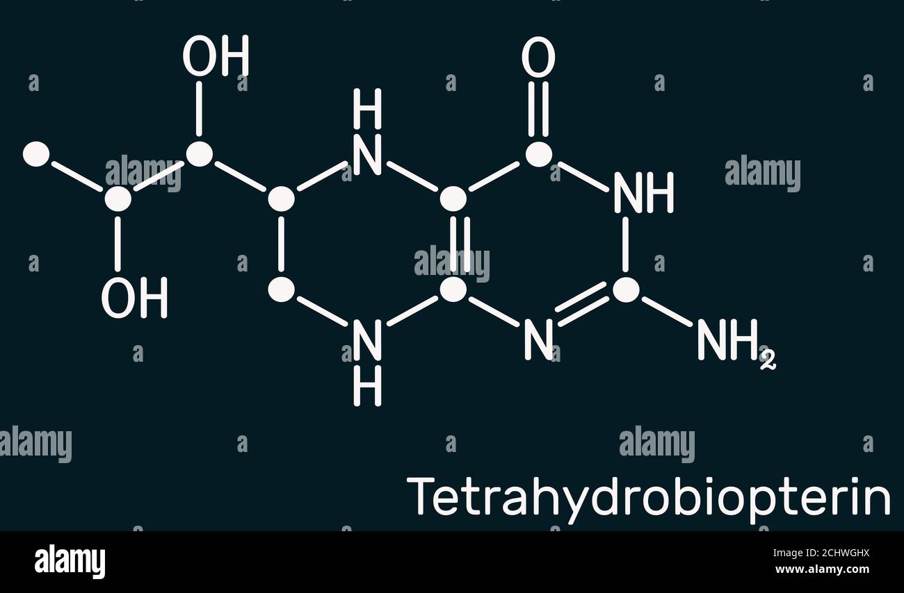 Tetrahidrobiopterina, BH4, THB, molécula de sapropterina. Tiene un papel  como coenzima, agente de diagnóstico, metabolito humano, cofactor. Fórmula  química esquelética Fotografía de stock - Alamy