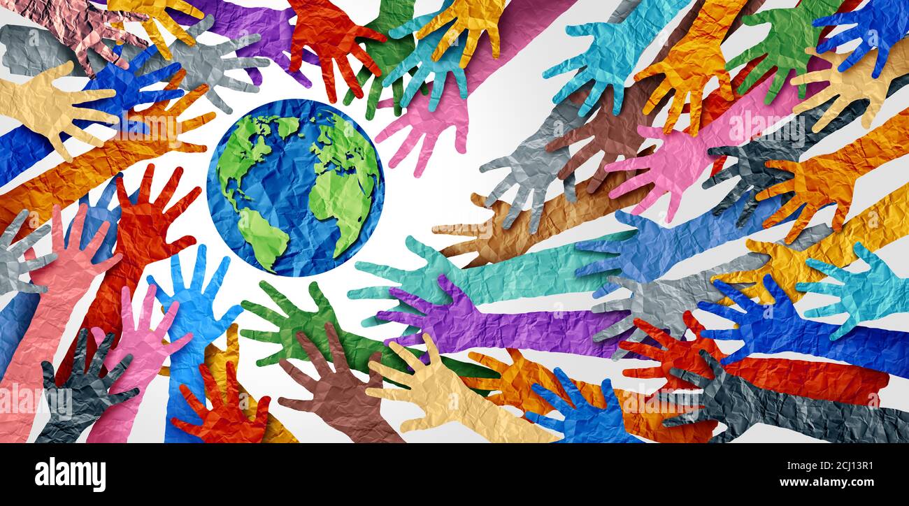 La diversidad mundial o el día de la Tierra y la cultura internacional como concepto de diversidad y símbolo de cooperación entre multitudes como manos diversas que se unen. Foto de stock