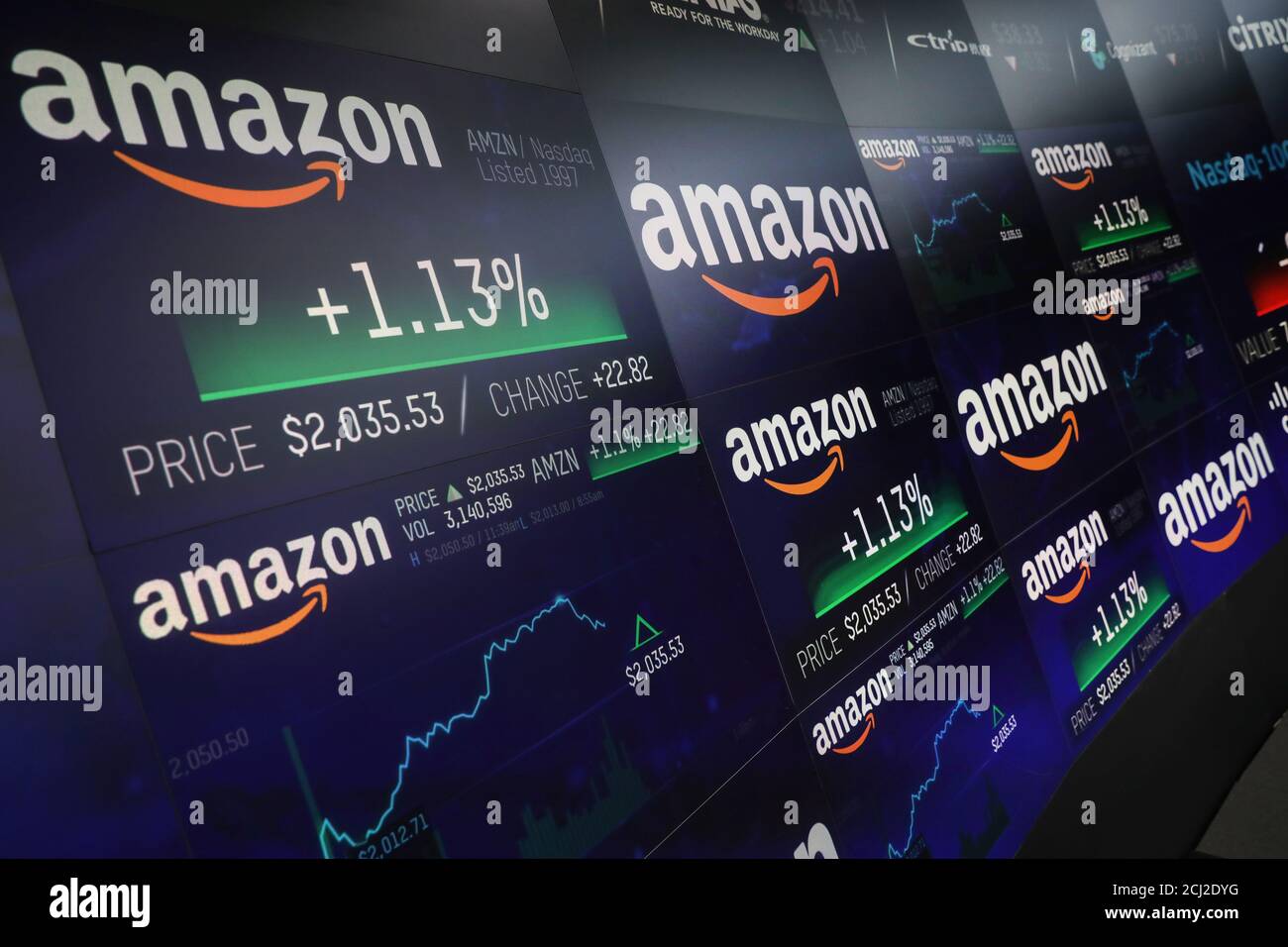 El logotipo de Amazon.com y la información sobre el precio de las acciones  se pueden ver en las pantallas del Nasdaq Market Site en la ciudad de Nueva  York, Nueva York, EE.UU.,
