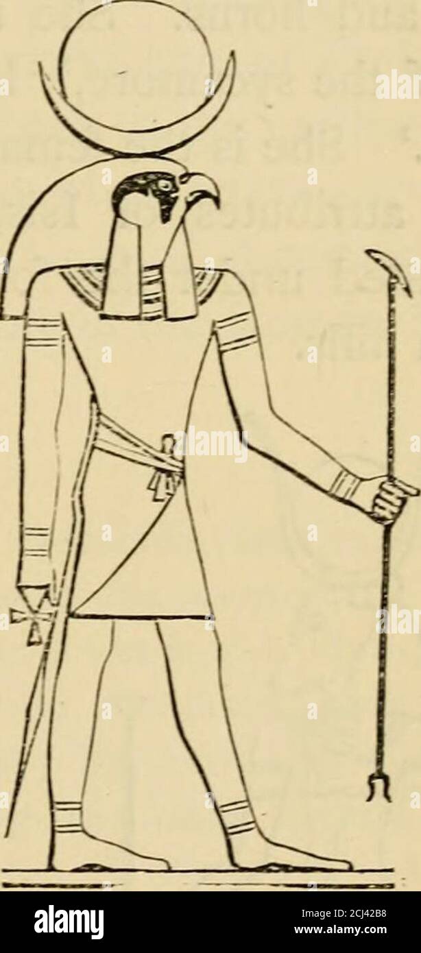 . El Nilo. Notas para viajeros en Egipto . TEHUTI. ,PM- CHONSU. Como asociado con Amen-ra Chonsu, y Mut en la tríada de Theban. Él era el dios de la luna, y está representado como halcón-encabezado y llevando el lunardisk y la media luna. Su segundo nombre era Nefer-hetep, y fue adorado con gran honor en Tebas. Sebek, tJ5&gt; el dios de cabeza de cocodrilo, era el adorador de Kom-Ombos y en el Fayyum. I-em-hetep (Imouthis), Q tj JJ, era el hijo de Ptari, I 2 n6 PARA VIAJEROS EN EGIPTO.° 0 eran los niños Shu, R @ A y Tefnut, de Seb y Nut, y representaban la luz del sol y la humectorespeciativaat Foto de stock