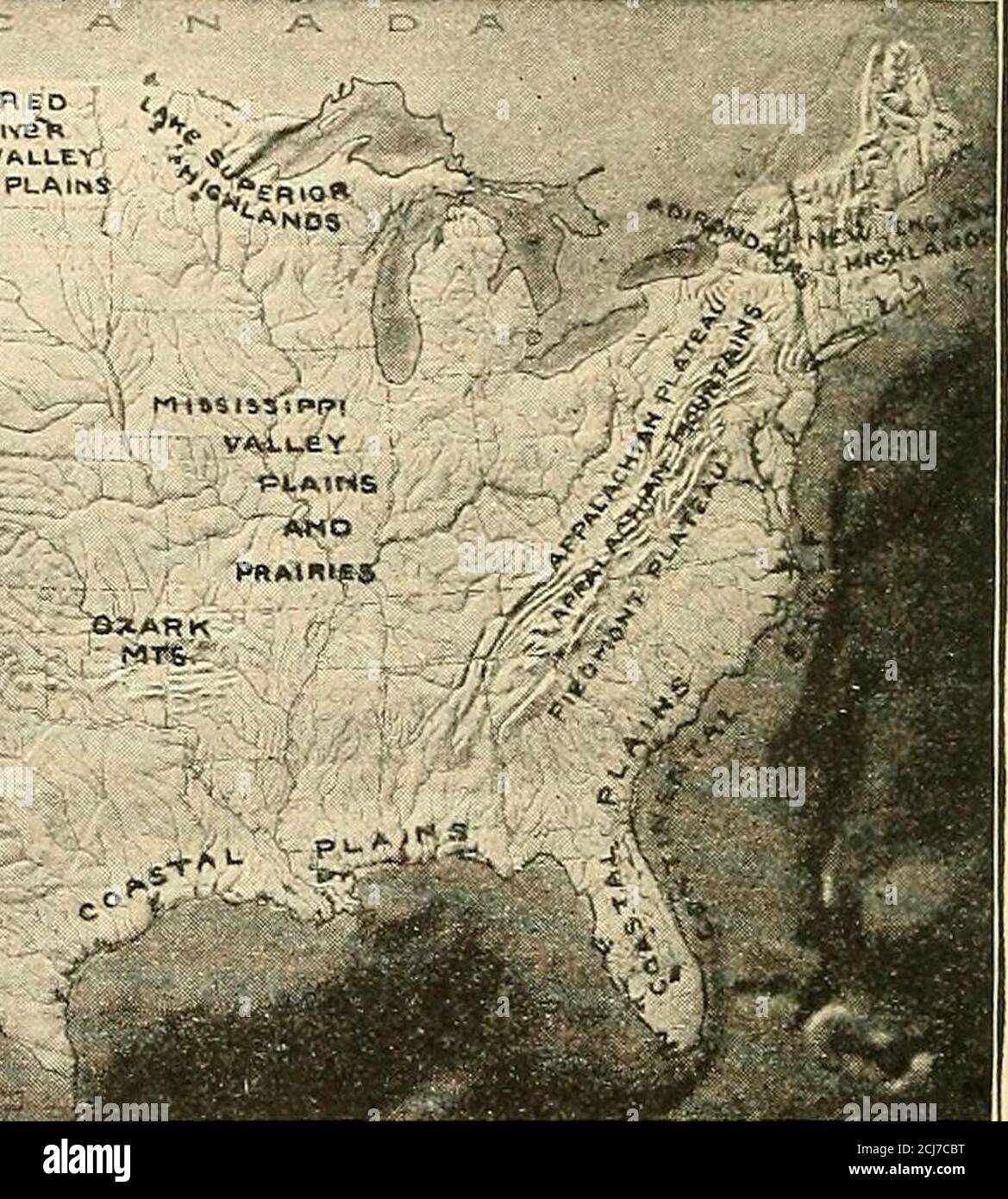 Europa y otros continentes . Fig. 366. Mapa fisiográfico de los Estados  Unidos, con los nombres de las principales montañas, mesetas y llanuras. ¿ Cuál de los Estados del Atlántico Medio tiene